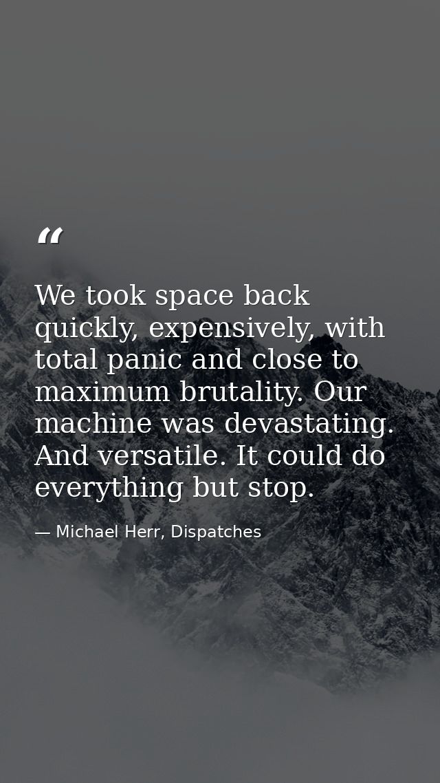 We took space back quickly, expensively, with total panic and close to maximum brutality. Our machine was devastating. A — Michael Herr, Dispatches