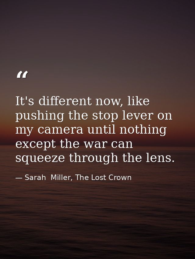 It's different now, like pushing the stop lever on my camera until nothing except the war can squeeze through the lens. — Sarah  Miller, The Lost Crown