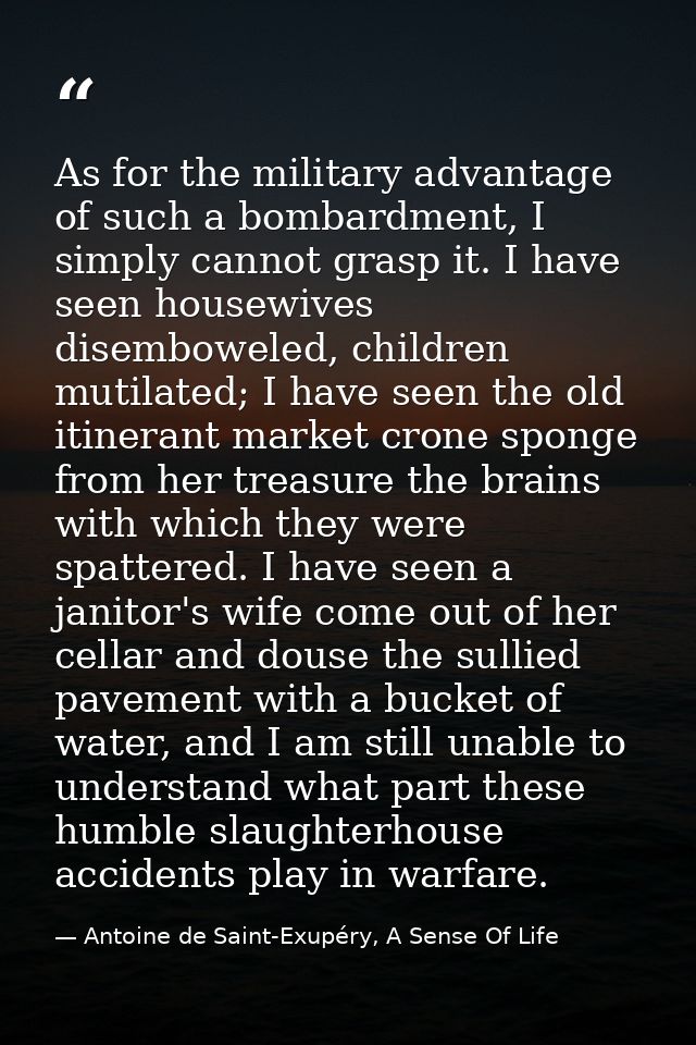 As for the military advantage of such a bombardment, I simply cannot grasp it. I have seen housewives disemboweled, chil — Antoine de Saint-Exupéry, A Sense Of Life