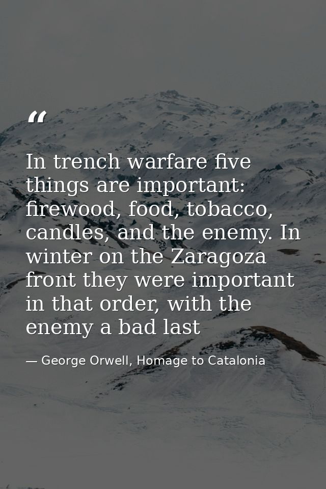 In trench warfare five things are important: firewood, food, tobacco, candles, and the enemy. In winter on the Zaragoza  — George Orwell, Homage to Catalonia