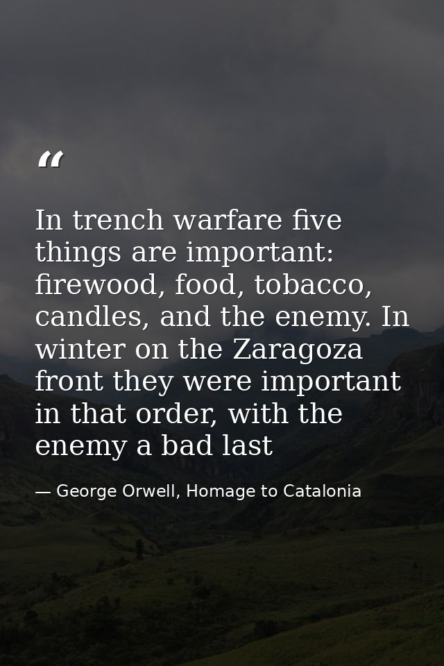 In trench warfare five things are important: firewood, food, tobacco, candles, and the enemy. In winter on the Zaragoza  — George Orwell, Homage to Catalonia