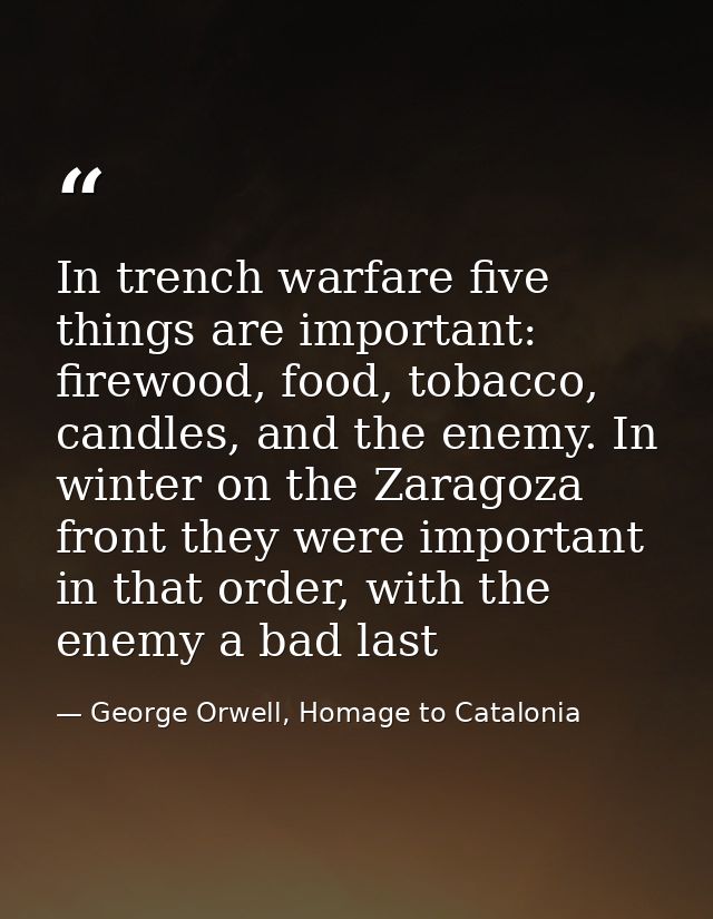 In trench warfare five things are important: firewood, food, tobacco, candles, and the enemy. In winter on the Zaragoza  — George Orwell, Homage to Catalonia