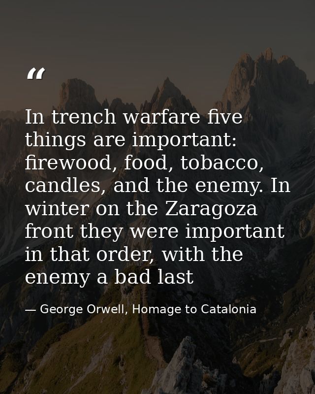 In trench warfare five things are important: firewood, food, tobacco, candles, and the enemy. In winter on the Zaragoza  — George Orwell, Homage to Catalonia