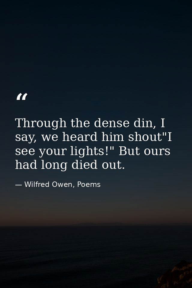 Through the dense din, I say, we heard him shout"I see your lights!" But ours had long died out. — Wilfred Owen, Poems