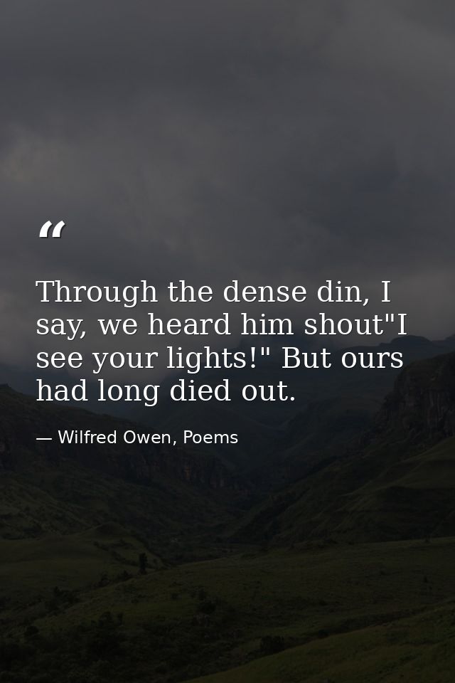 Through the dense din, I say, we heard him shout"I see your lights!" But ours had long died out. — Wilfred Owen, Poems
