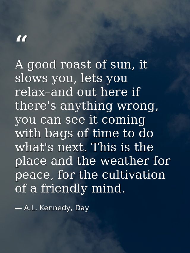 A good roast of sun, it slows you, lets you relax–and out here if there's anything wrong, you can see it coming with bag — A.L. Kennedy, Day