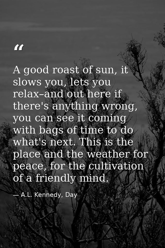 A good roast of sun, it slows you, lets you relax–and out here if there's anything wrong, you can see it coming with bag — A.L. Kennedy, Day