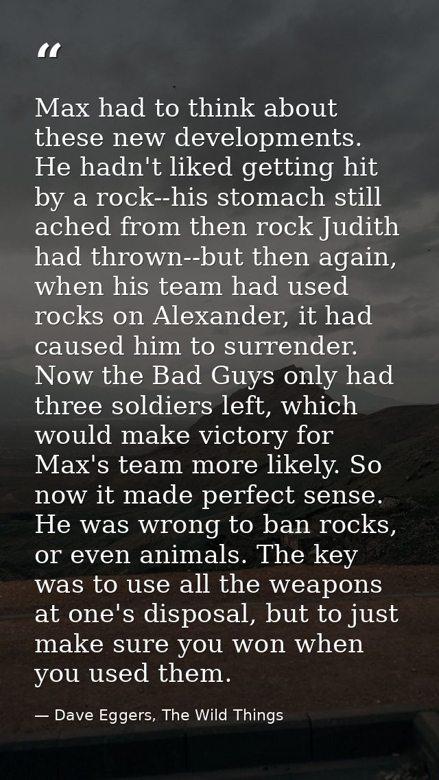 Max had to think about these new developments. He hadn't liked getting hit by a rock--his stomach still ached from then  — Dave Eggers, The Wild Things