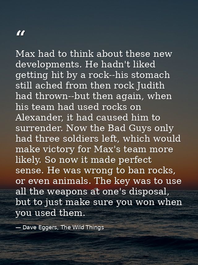 Max had to think about these new developments. He hadn't liked getting hit by a rock--his stomach still ached from then  — Dave Eggers, The Wild Things