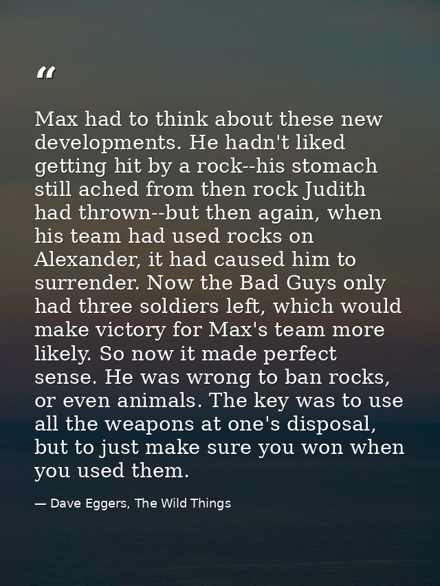 Max had to think about these new developments. He hadn't liked getting hit by a rock--his stomach still ached from then  — Dave Eggers, The Wild Things