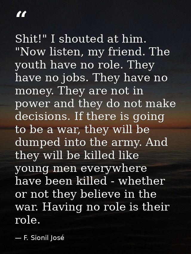 Shit!" I shouted at him. "Now listen, my friend. The youth have no role. They have no jobs. They have no money. They are — F. Sionil José