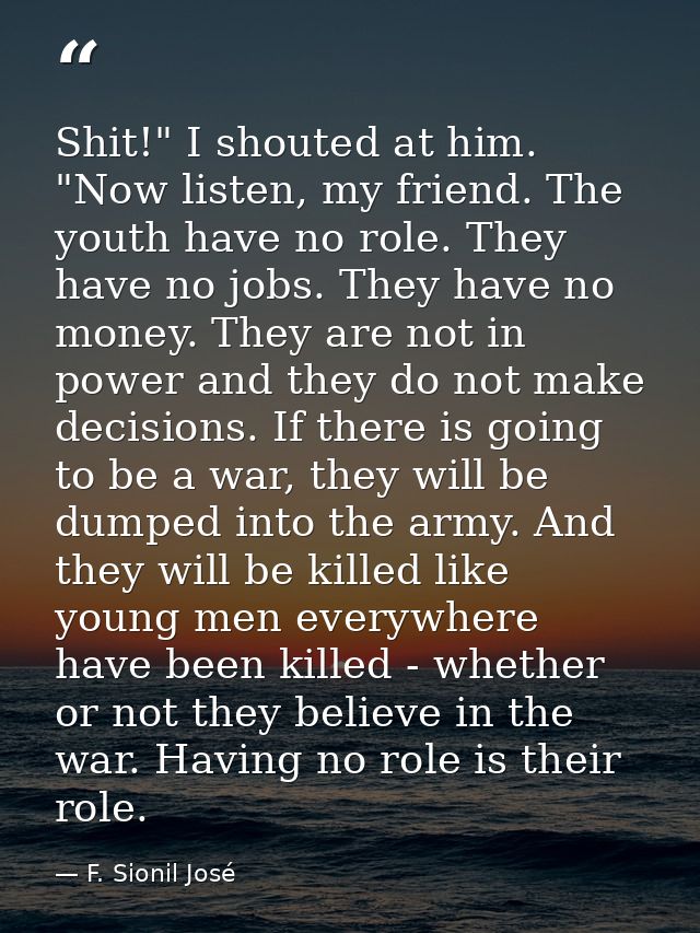 Shit!" I shouted at him. "Now listen, my friend. The youth have no role. They have no jobs. They have no money. They are — F. Sionil José
