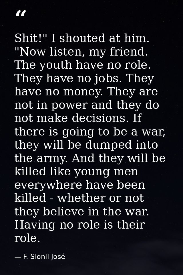 Shit!" I shouted at him. "Now listen, my friend. The youth have no role. They have no jobs. They have no money. They are — F. Sionil José