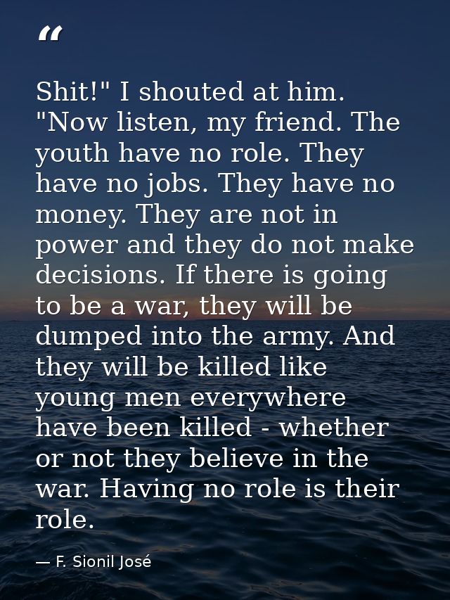 Shit!" I shouted at him. "Now listen, my friend. The youth have no role. They have no jobs. They have no money. They are — F. Sionil José