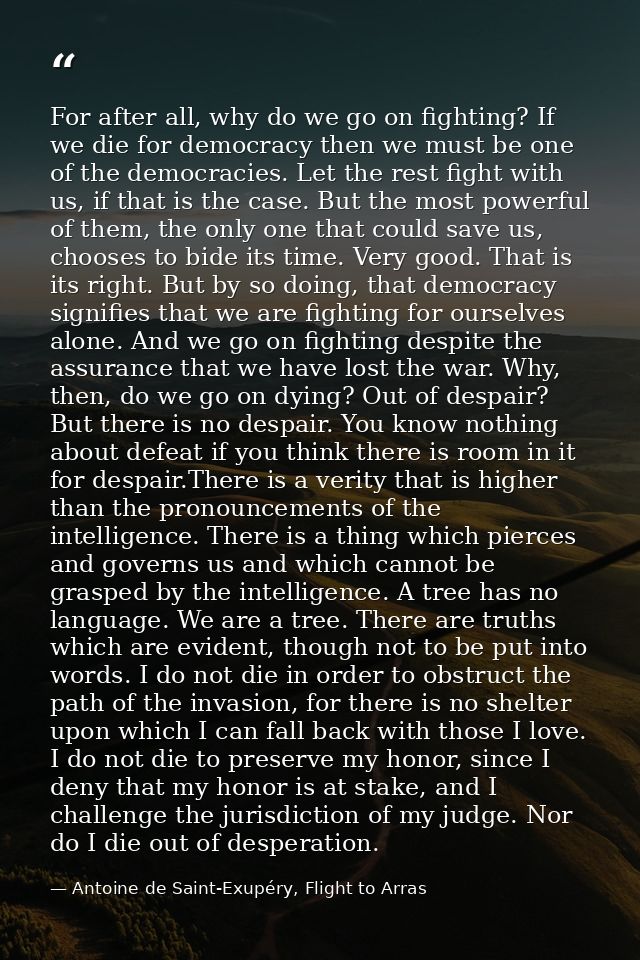 For after all, why do we go on fighting? If we die for democracy then we must be one of the democracies. Let the rest fi — Antoine de Saint-Exupéry, Flight to Arras