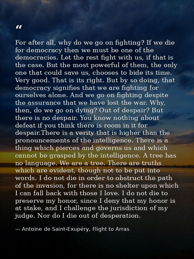 For after all, why do we go on fighting? If we die for democracy then we must be one of the democracies. Let the rest fi — Antoine de Saint-Exupéry, Flight to Arras