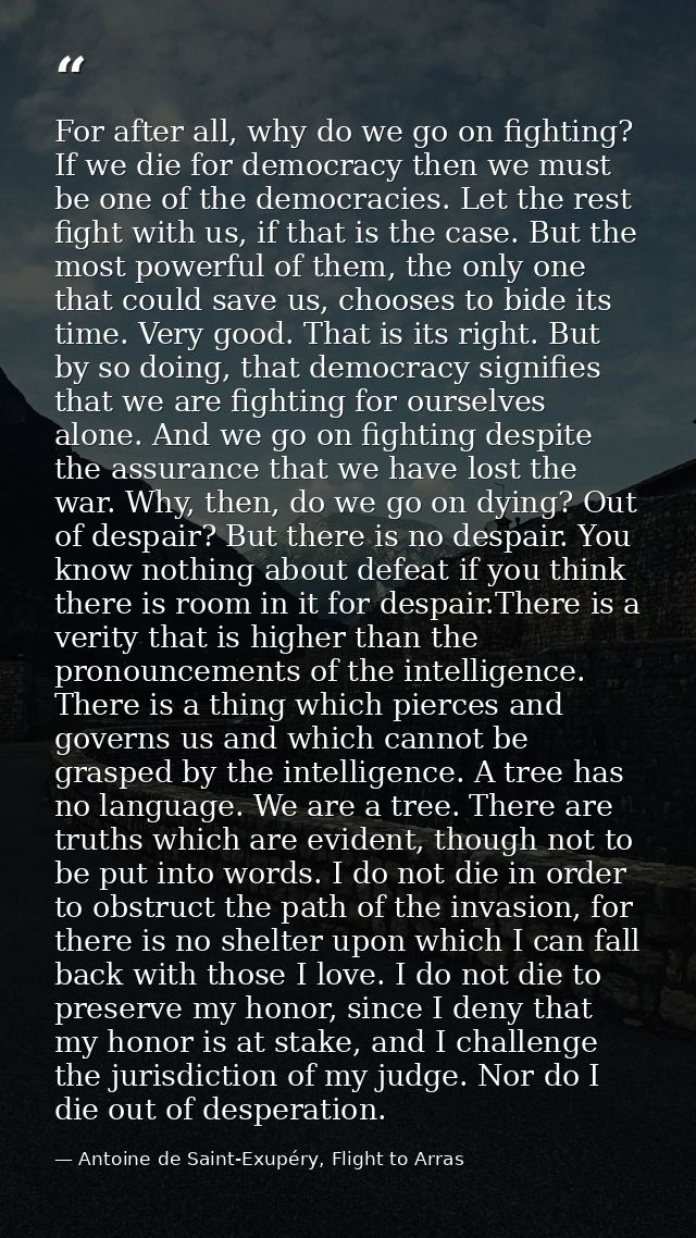 For after all, why do we go on fighting? If we die for democracy then we must be one of the democracies. Let the rest fi — Antoine de Saint-Exupéry, Flight to Arras