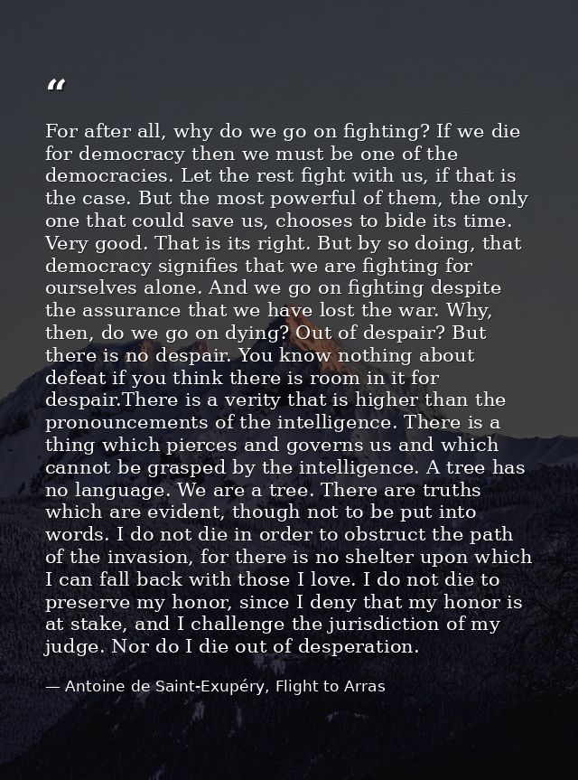 For after all, why do we go on fighting? If we die for democracy then we must be one of the democracies. Let the rest fi — Antoine de Saint-Exupéry, Flight to Arras