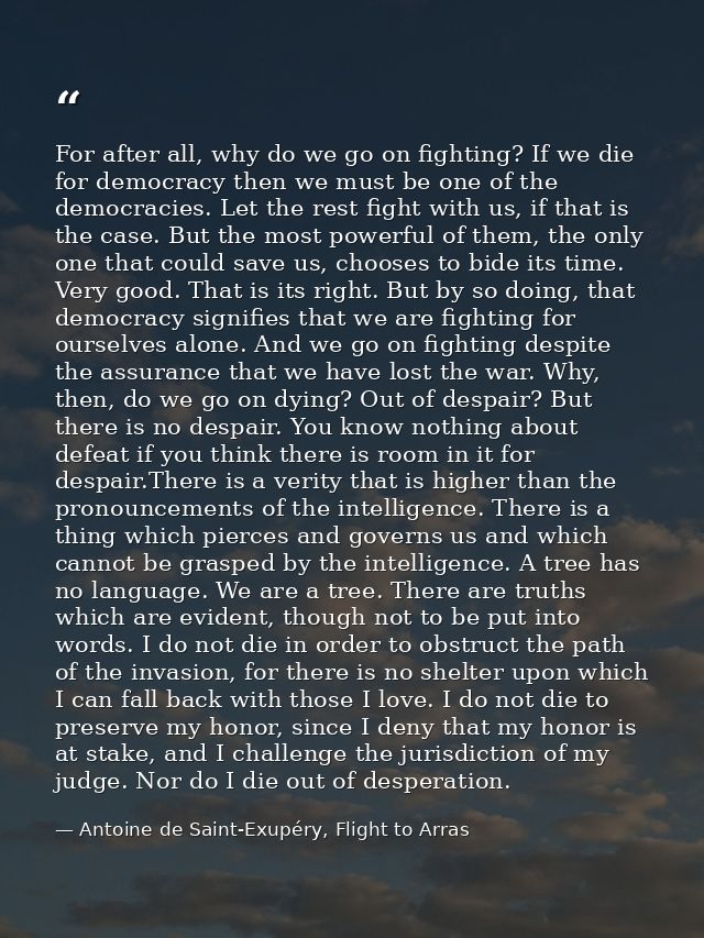 For after all, why do we go on fighting? If we die for democracy then we must be one of the democracies. Let the rest fi — Antoine de Saint-Exupéry, Flight to Arras