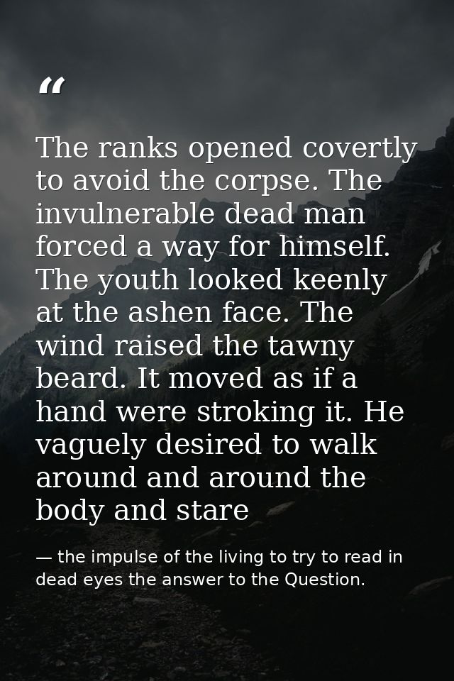 The ranks opened covertly to avoid the corpse. The invulnerable dead man forced a way for himself. The youth looked keen — the impulse of the living to try to read in dead eyes the answer to the Question.