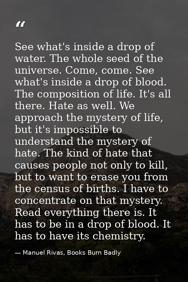 See what's inside a drop of water. The whole seed of the universe. Come, come. See what's inside a drop of blood. The co — Manuel Rivas, Books Burn Badly