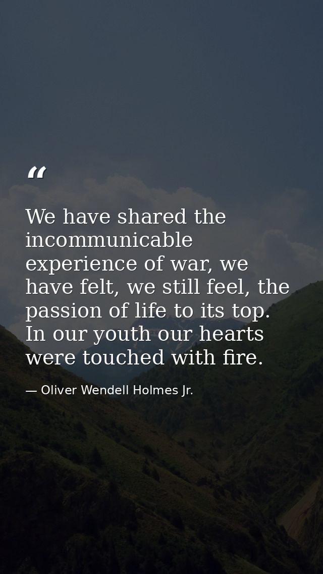 We have shared the incommunicable experience of war, we have felt, we still feel, the passion of life to its top. In our — Oliver Wendell Holmes Jr.