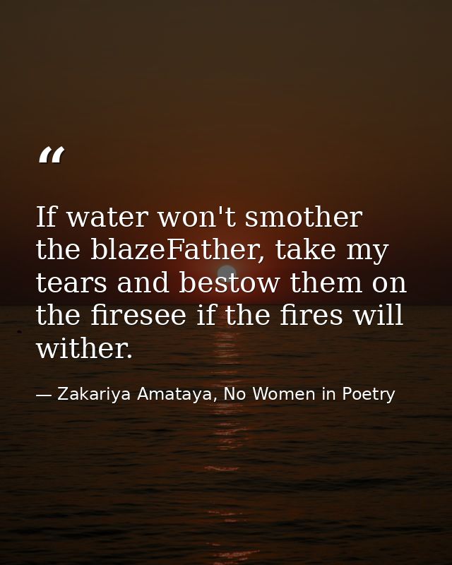 If water won't smother the blazeFather, take my tears and bestow them on the firesee if the fires will wither. — Zakariya Amataya, No Women in Poetry