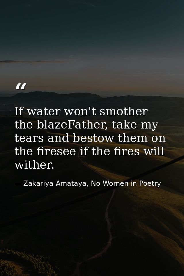 If water won't smother the blazeFather, take my tears and bestow them on the firesee if the fires will wither. — Zakariya Amataya, No Women in Poetry