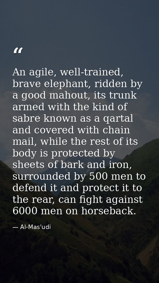 An agile, well-trained, brave elephant, ridden by a good mahout, its trunk armed with the kind of sabre known as a qarta — Al-Mas'udi