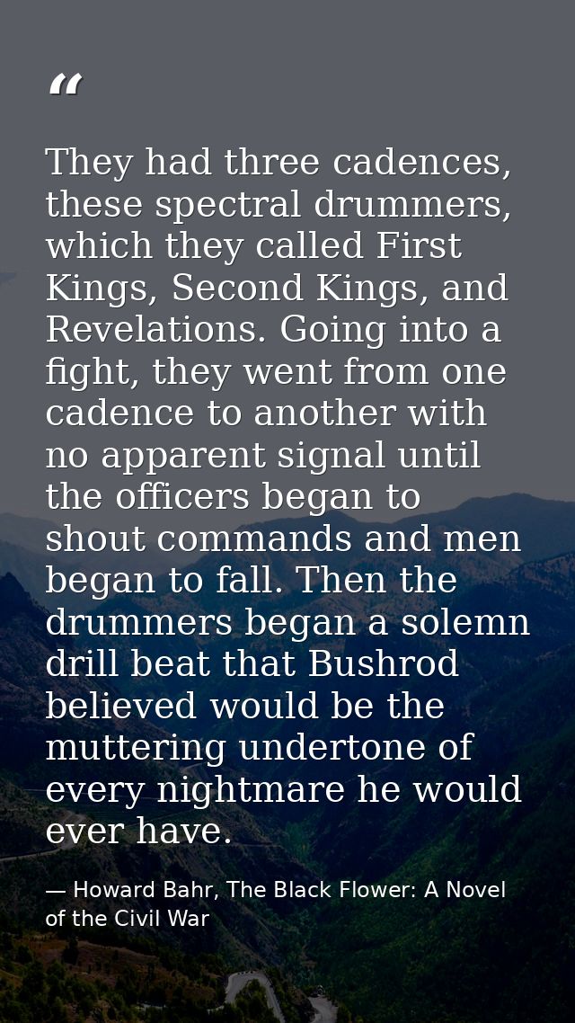 They had three cadences, these spectral drummers, which they called First Kings, Second Kings, and Revelations. Going in — Howard Bahr, The Black Flower: A Novel of the Civil War
