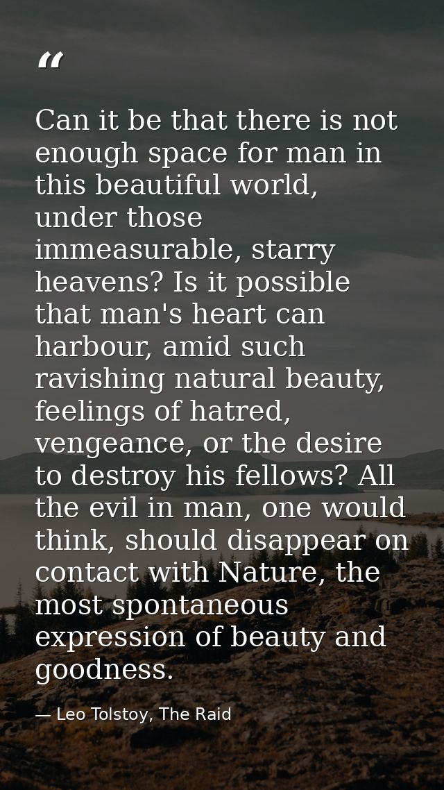 Can it be that there is not enough space for man in this beautiful world, under those immeasurable, starry heavens? Is i — Leo Tolstoy, The Raid