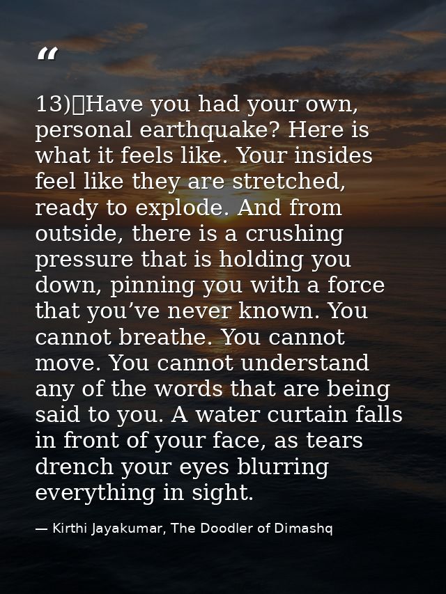 13)	Have you had your own, personal earthquake? Here is what it feels like. Your insides feel like they are stretched, r — Kirthi Jayakumar, The Doodler of Dimashq