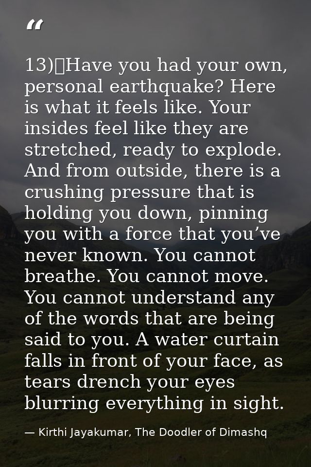 13)	Have you had your own, personal earthquake? Here is what it feels like. Your insides feel like they are stretched, r — Kirthi Jayakumar, The Doodler of Dimashq
