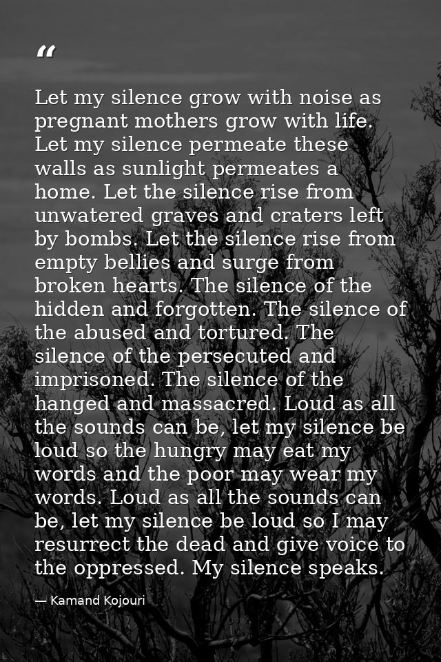 Let my silence grow with noise as pregnant mothers grow with life. Let my silence permeate these walls as sunlight perme — Kamand Kojouri
