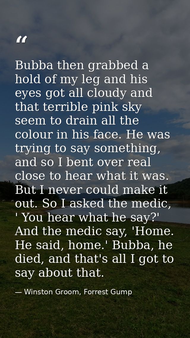 Bubba then grabbed a hold of my leg and his eyes got all cloudy and that terrible pink sky seem to drain all the colour  — Winston Groom, Forrest Gump