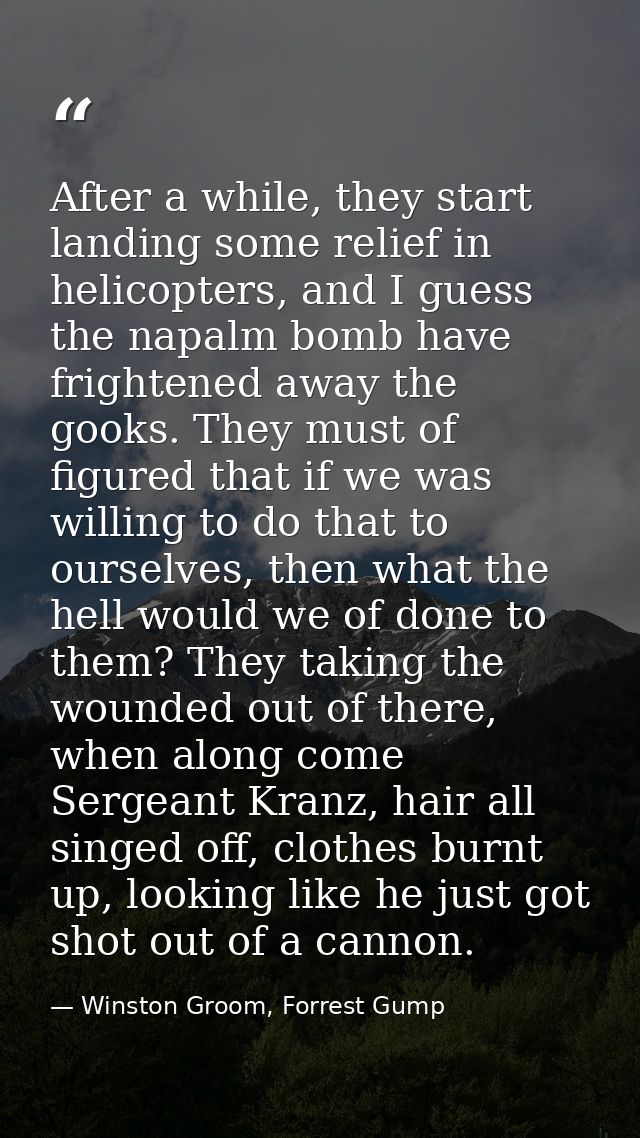 After a while, they start landing some relief in helicopters, and I guess the napalm bomb have frightened away the gooks — Winston Groom, Forrest Gump
