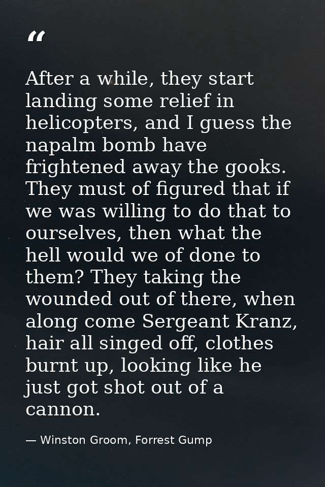 After a while, they start landing some relief in helicopters, and I guess the napalm bomb have frightened away the gooks — Winston Groom, Forrest Gump