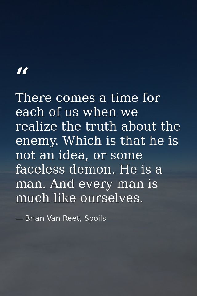 There comes a time for each of us when we realize the truth about the enemy. Which is that he is not an idea, or some fa — Brian Van Reet, Spoils
