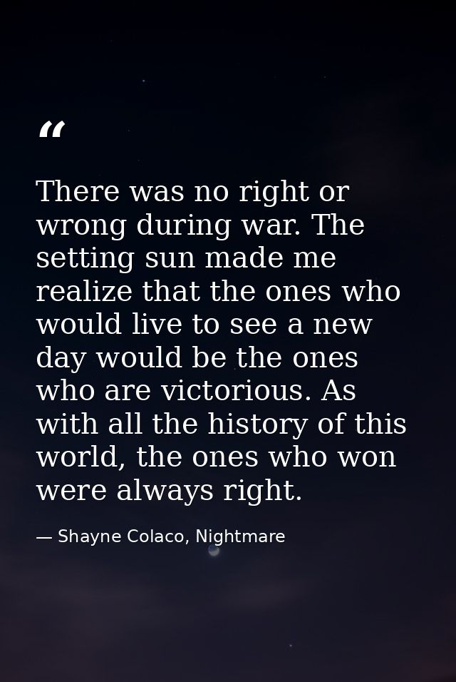 There was no right or wrong during war. The setting sun made me realize that the ones who would live to see a new day wo — Shayne Colaco, Nightmare