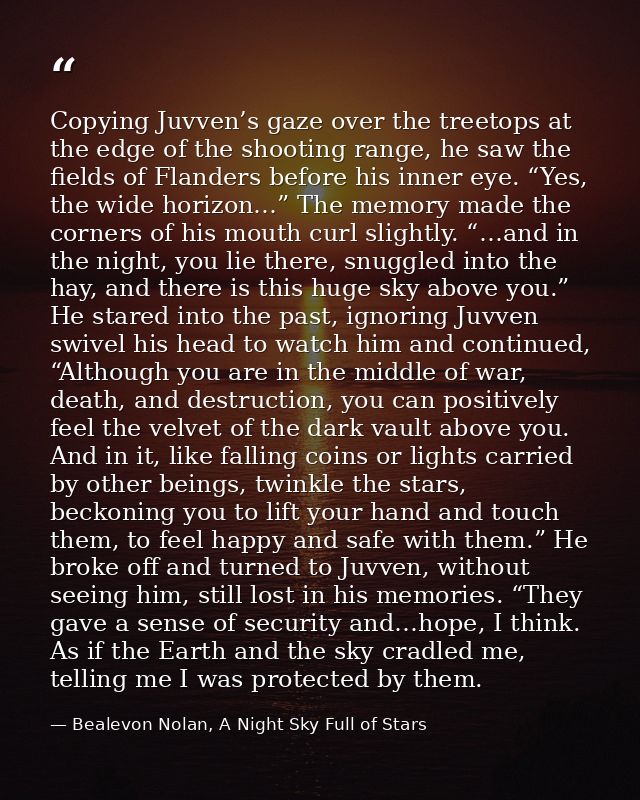 Copying Juvven’s gaze over the treetops at the edge of the shooting range, he saw the fields of Flanders before his inne — Bealevon Nolan, A Night Sky Full of Stars