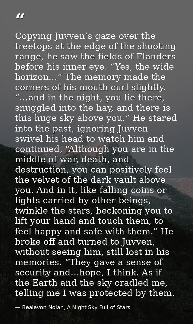 Copying Juvven’s gaze over the treetops at the edge of the shooting range, he saw the fields of Flanders before his inne — Bealevon Nolan, A Night Sky Full of Stars
