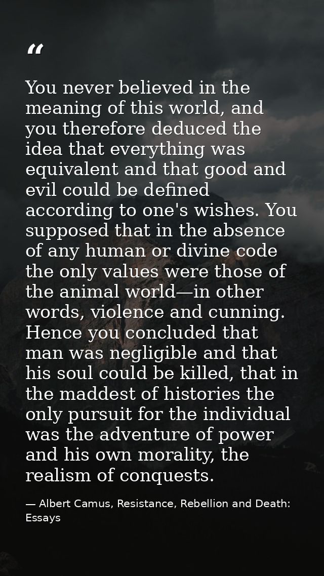 You never believed in the meaning of this world, and you therefore deduced the idea that everything was equivalent and t — Albert Camus, Resistance, Rebellion and Death: Essays