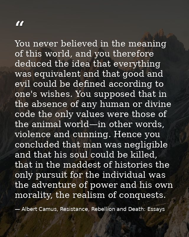 You never believed in the meaning of this world, and you therefore deduced the idea that everything was equivalent and t — Albert Camus, Resistance, Rebellion and Death: Essays