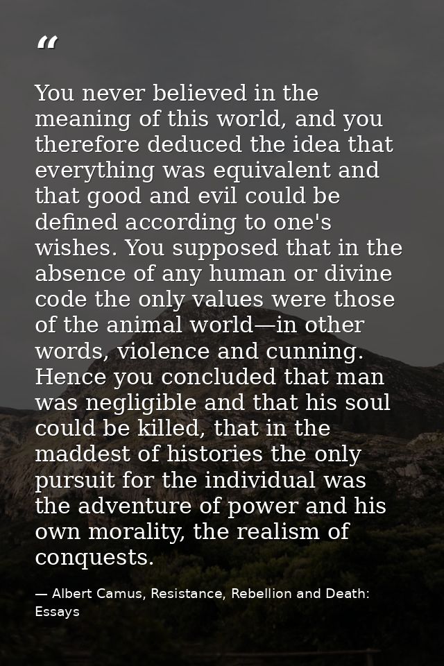 You never believed in the meaning of this world, and you therefore deduced the idea that everything was equivalent and t — Albert Camus, Resistance, Rebellion and Death: Essays