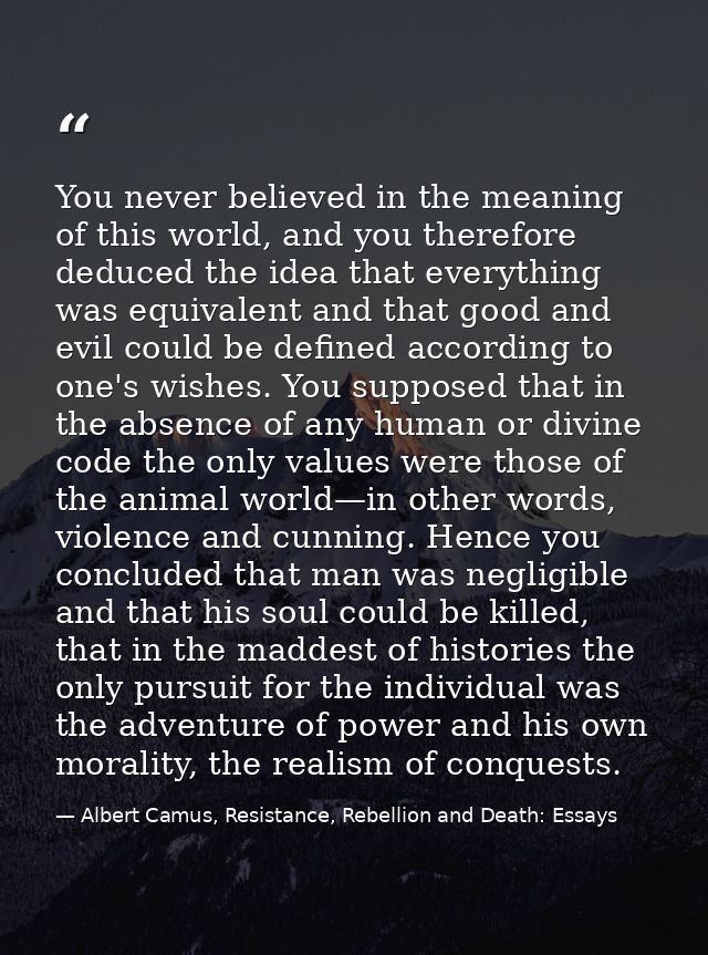 You never believed in the meaning of this world, and you therefore deduced the idea that everything was equivalent and t — Albert Camus, Resistance, Rebellion and Death: Essays