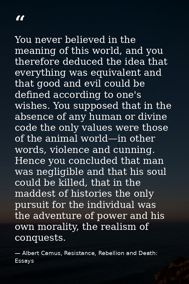 You never believed in the meaning of this world, and you therefore deduced the idea that everything was equivalent and t — Albert Camus, Resistance, Rebellion and Death: Essays