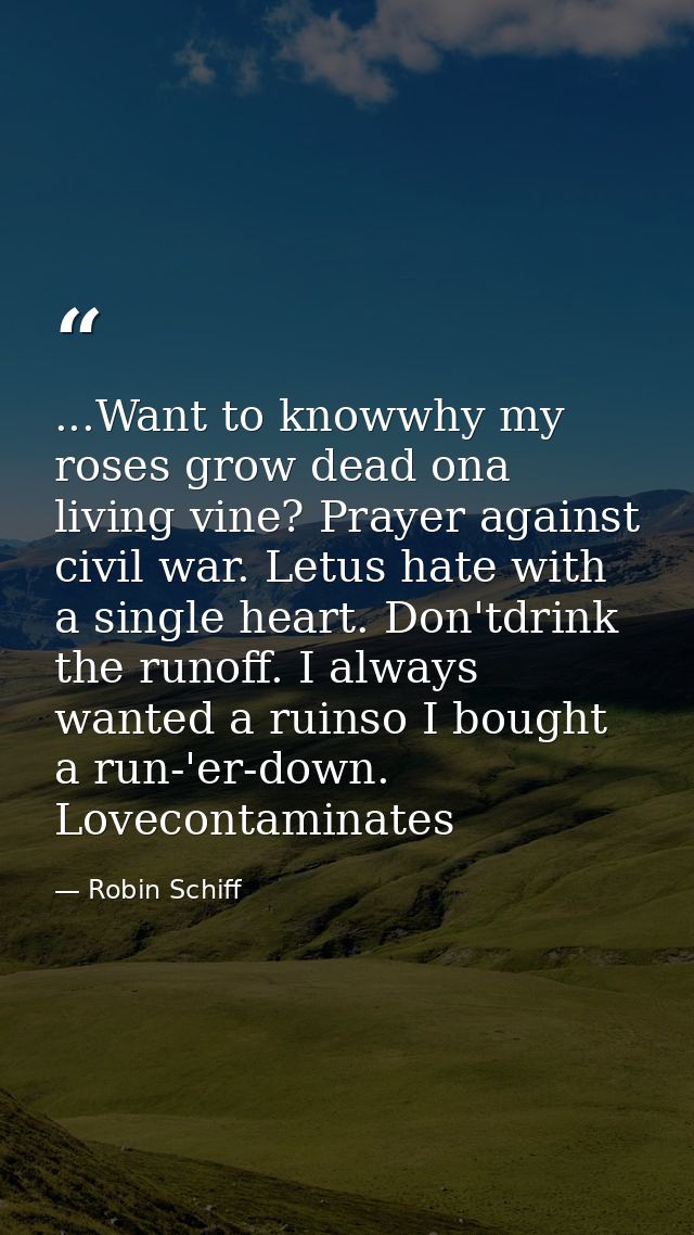...Want to knowwhy my roses grow dead ona living vine? Prayer against civil war. Letus hate with a single heart. Don'tdr — Robin Schiff