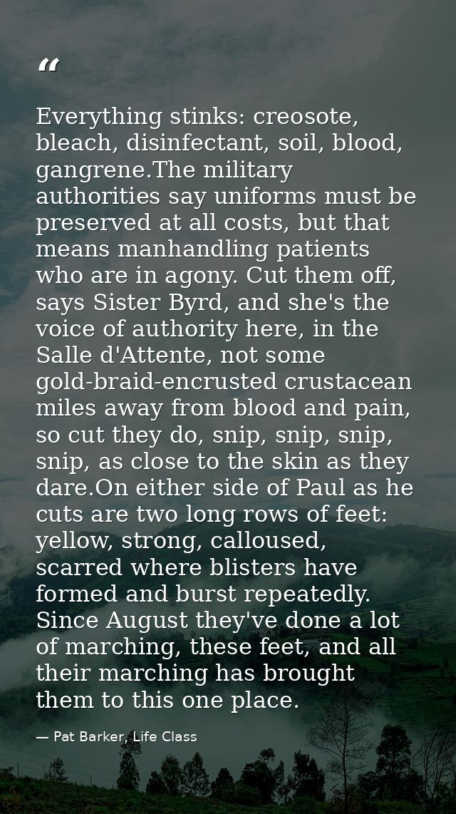 Everything stinks: creosote, bleach, disinfectant, soil, blood, gangrene.The military authorities say uniforms must be p — Pat Barker, Life Class