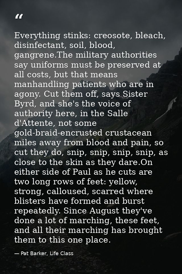 Everything stinks: creosote, bleach, disinfectant, soil, blood, gangrene.The military authorities say uniforms must be p — Pat Barker, Life Class