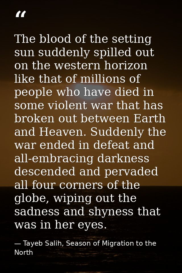 The blood of the setting sun suddenly spilled out on the western horizon like that of millions of people who have died i — Tayeb Salih, Season of Migration to the North